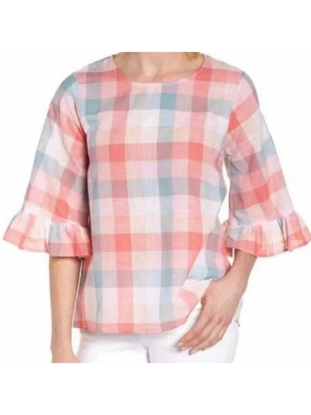 L • Bobeau •  Ruffled Bell Sleeves Blue & Pink Pastel Plaid Blouse 100% Cotton
